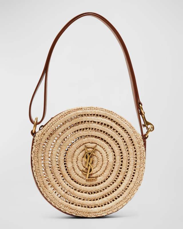 YSL Monogram Round Shoulder Bag in Raffia